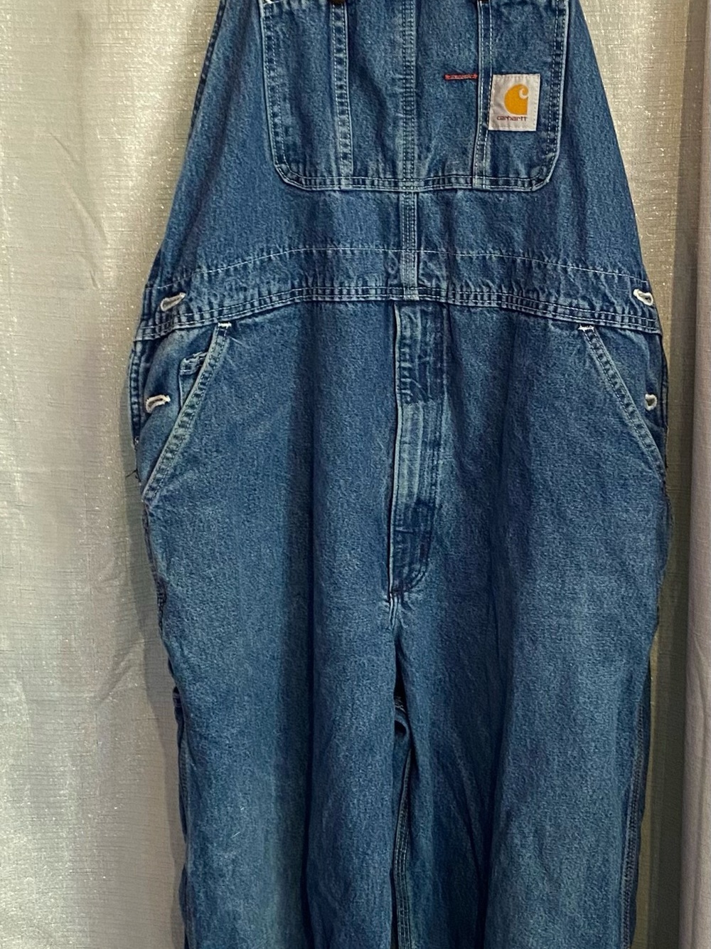 Carhartt Men's Relaxed Denim Overalls in Blue with Tan Patch